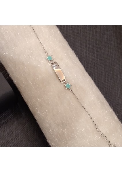 925 Ayar Gümüş Ikili Su Yeşili Yıldızlı Model Bebek/çocuk Bilekliği -Şık Tasarım- Isim Yazdırılabilir. 15 cm -1mm