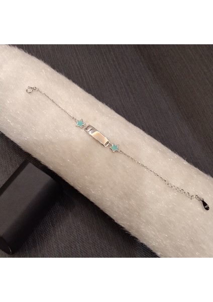 925 Ayar Gümüş Ikili Su Yeşili Yıldızlı Model Bebek/çocuk Bilekliği -Şık Tasarım- Isim Yazdırılabilir. 15 cm -1mm modelleri