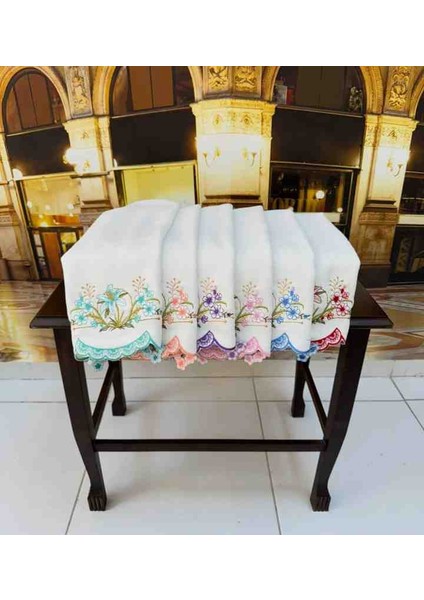 6'lı Kesme Nakışlı Ucu Güpürlü Kadife 30 ×50 Mutfak Çeyizlik El Yüz Havlu Seti