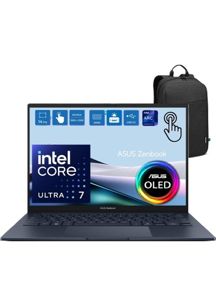 Zenbook 14 UX3405CA-QL286W Intel Core Ultra 7 255H 16GB LPDDR5X 1tb SSD Intel Arc Graphics 14.0" Wuxga OLED 400NIT Windows 11 Home Dokunmatik Taşınabilir Bilgisayar Snertech Çanta