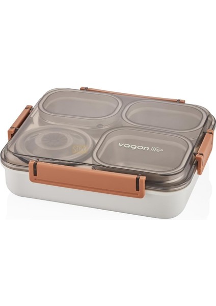 Bento 1200ML Lunchbox Tek Katlı 4 Bölmeli ve Kaseli Çelik Sefer Tası Yemek Kutusu (Turuncu)