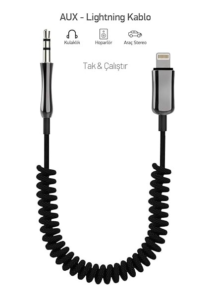 iPhone Lightning To 3.5mm Örgülü Spiralli Aux Kablo Dönüştürücü 1m (Tüm Lightning Girişli Telefonlar ile Uyumludur) Sa-01 modelleri