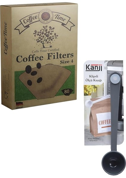 Time Filtre Kahve Kağıdı 1/4 4 Numara 80'li Paket + Kanji Klipsli Çay Kahve Ölçü Kaşığı - Gri