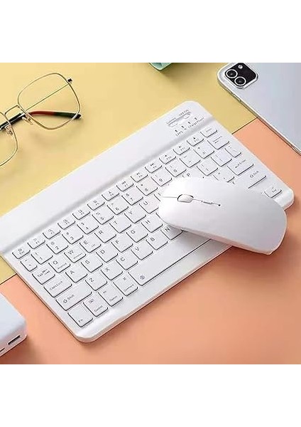 Tasarımlı Bluetooth Kablosuz Klavye ve Mouse Seti | Android, Ios ve Windows Uyumlu | Şarj Edilebilir, Taşınabilir ve Sessiz Tuşlu Set (Beyaz) fiyatları