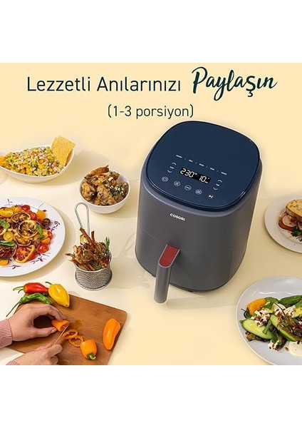 Air Fryer (Sıcak Hava Fritözü), 3.8 Litre Gri, 1500 W, 7 Özelleştirme Fonksiyonu, 75 - 230°C, 1 - 3 Porsiyon, Uygulama ve Ses Kontrolü ve Çevrimiçi Tarifler indirimleri