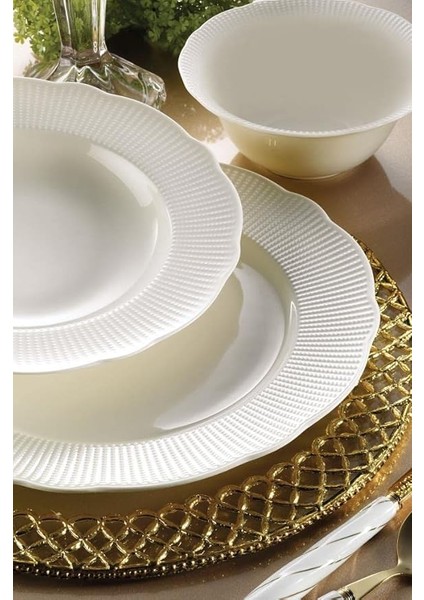 Porselen Bone Ilay 24 Parça 6 Kişilik Yemek Seti, Krem