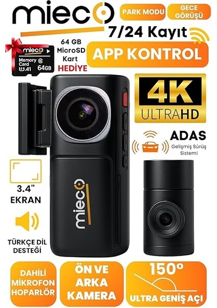 A7 4K Uhd/wifi/adas / 150° Ultra Geniş Açı/gece Görüşü/ön + Arka Araç Kamerası (2025) + Hafıza Kartı Hediyeli fiyatları