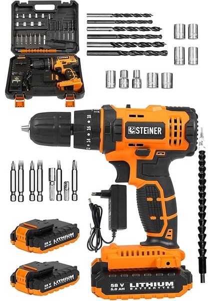 Alman 58 V 5 Ah Darbeli Çift Akülü Metal Dişli Şanzuman Şarjlı Vidalam Matkap + 27 Parça Set - ST0518R215400214 fiyatları