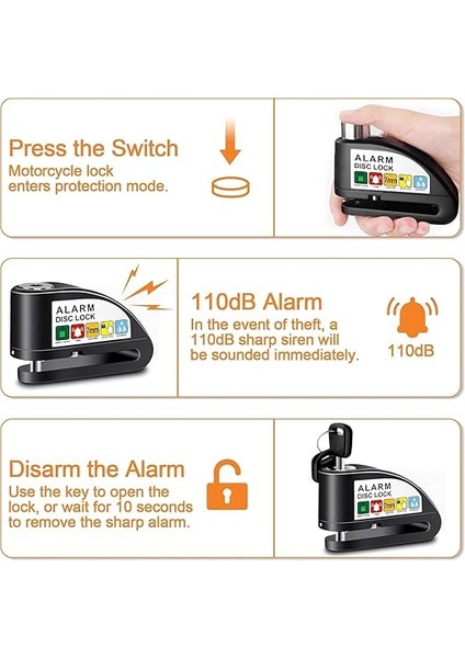 Kilidi, Fren Diski Kilidi, Alarm 110 Db, Yüksek Sesli Motorsiklet Alarmlıdisk Kilidi, 1,5 M Hatırlatma Kablolu modelleri
