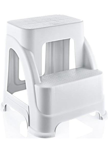 Iki Basamaklı Kaymaz Büyük Boy Tabure - 120 kg Taşıma Kapasiteli - Basamaklı Tabure - Sert Plastik (Beyaz)