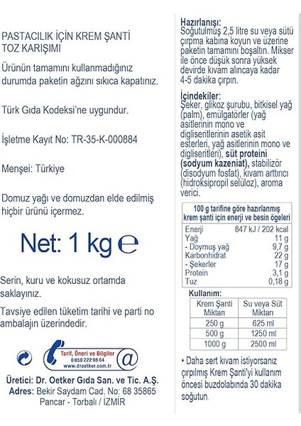Oetker Krem Şanti Premium 1 kg fiyatları
