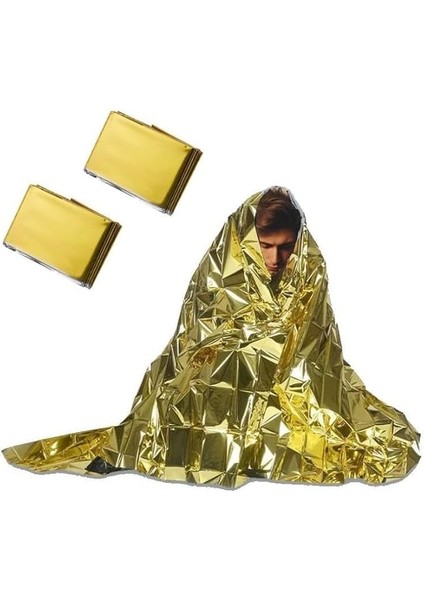 Acil Durum Battaniyesi, Folyo Battaniye Isı Sağkalım Yansıtıcı Termal Battaniye, Hayatta Kalma Battaniyeleri Gümüş, Kamp, Yürüyüş, Açık Hava, Deprem, Ilk Yardım, 130 x 210 cm Gold