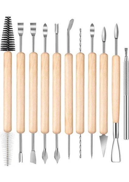 Seramik Kil Çömlek Şekillendirici Ahşap Saplı 11 Parça 1 Paket Seramik Modelaj Oyma ve Temizleme Seti