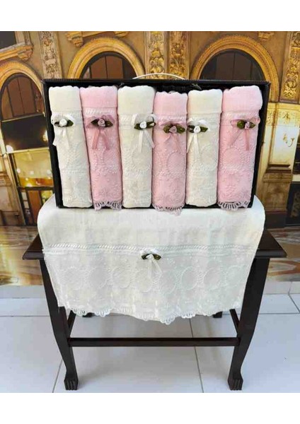 %100 Pamuklu 50×90 Güpürlü Kurdela Fiyonklu Kutulu Lüx Çeyizlik El ve Yüz Havlu Seti modelleri