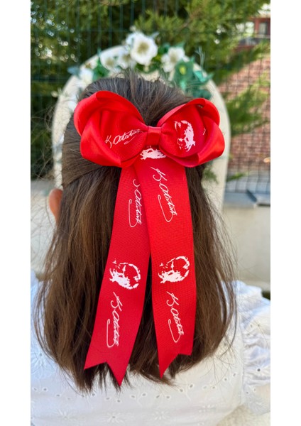 Kırmızı Uzun Kemal Atatürk Baskılı Kız Çocuk Saç Tokası