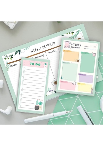 Haftalık, Günlük Planlayıcı Set - 50 Sayfa Tarihsiz Masaüstü Planner - Gençler, Kızlar, Yetişkinler Için To Do List - 3 Parça - Green Serisi