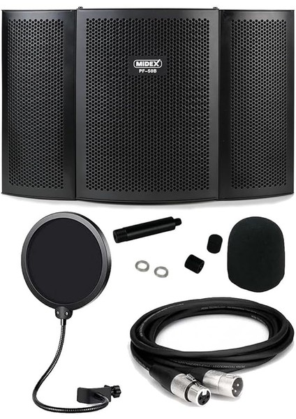 Midex PF-50B Mikrofon Ses Yalıtım Izolasyon Paneli Metal 35X22 cm Filtre Kablo Sünger Hediye)