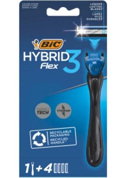 Hybrid 3 Flex Erkek Tıraş Bıçağı 1 Sap ve 4 Yedek Başlık (3 Bıçak), 3 Nano Teknolojik Titanyum Bıçak, E Vitamini ile Zenginleştirilmiş Geniş Kayganlaştırıcı Bant