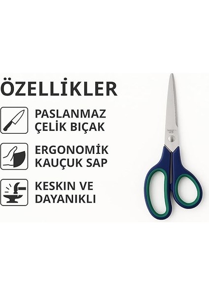 21.5 cm Paslanmaz Çelik Büyük Ofis Makası – Ergonomik Kauçuk Saplı, Yeşil-Lacivert Renkli, Ev &amp; Büro Tipi Makas indirimleri