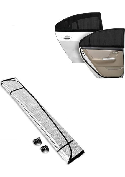 Ön Cam Balonlu Kalın Güneşlik (150X70 Cm) + 2 Adet Arka Yan Cam Güneşlik Perde Sineklik Set