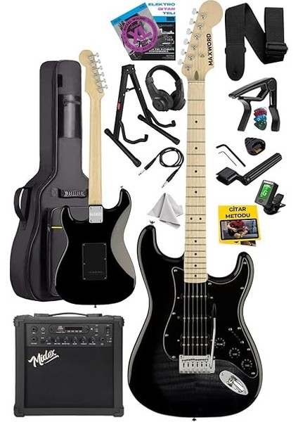 MAP-45BK-25AMP 25W Şarjlı Bt Amfili Siyah Elektro Gitar Seti Hss Manyetik Maple Klavye Strat Kasa fiyatları