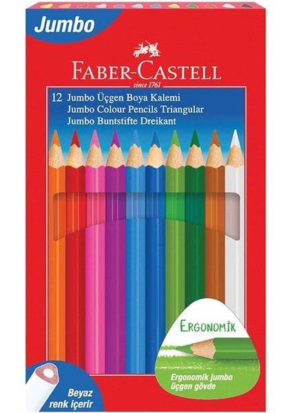 Jumbo Üçgen Boya Kalemi, 12 Renk, Ergonomik Gövde, Beyaz Renk Içerir, Kalın Uçlu, Canlı ve Örtücü Renkler