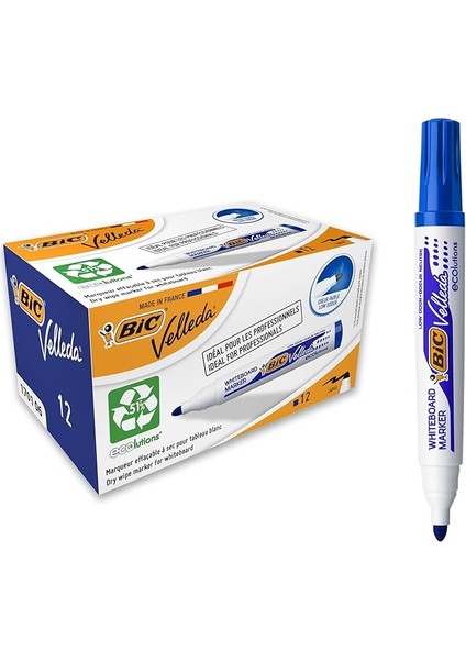 Velleda 1701 Eco Yuvarlak Uçlu Beyaz Tahta Kalemi, Mavi, 12'li Kutu, Kolay Silinebilen Mürekkep, Sabit Yuvarlak Uç