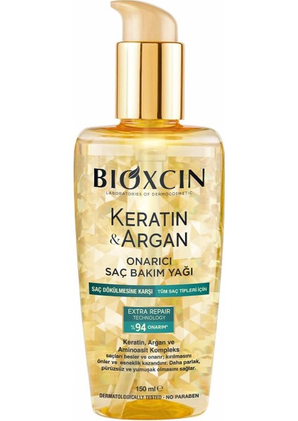 Keratin &amp; Argan Onarıcı Saç Bakım Yağı 150 ml - Yıpranmış ve Hasar Görmüş Saçlar