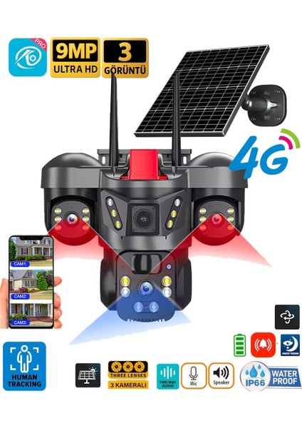 O-Kam 7070 9mp Lens 3 Kamera Ultrahd 4g Solar Gece Görüş Kişi Takip Akıllı Güvenlik Kamerası Çakarlı