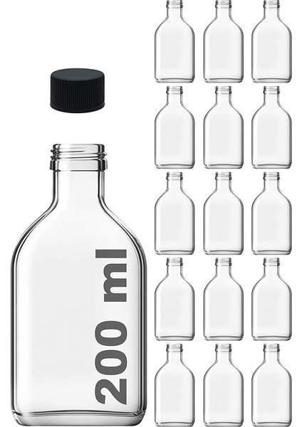 Cold Brew Yassı Şeffaf 200 ml Siyah Plastik Kapaklı Boş Cam Şişe 15 Adet (Soğuk Kahve)