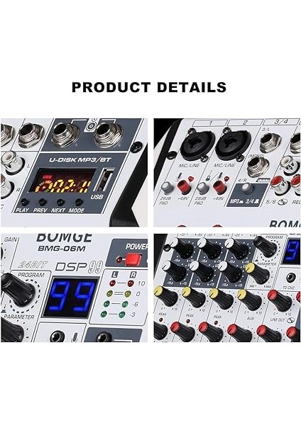 6 Kanal Dj Ses Ses Mikseri Profesyonel Ses Tablası Stereo Mp3 USB Bt Gişi 48V Phantom Power 99 Dsp Işlemci Anahtar Göstergeli Geniş Ekran Masaüstü Karaoke Iç Dj Mikser Kartı fırsatları