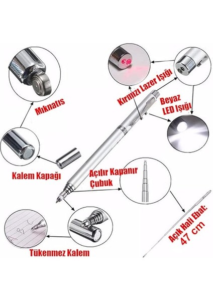 Kutulu Kırmızı Lazerli, LED Işıklı Mıknatıslı Pointer Kalemi Işaretçi Uzayabilen Sunum Çubuğu Teleskopik Metal Tükenmez Kalem (PRS-1521G) fırsatları