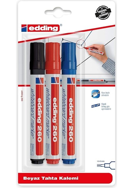 ED260B399 Edding 260 Beyaz Yazı Tahtası Kalemi 3lü Karışık Siyah/kırmızı/mavi