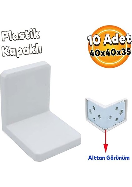 Plastik Kapaklı Mobilya Dolap Köşe Bağlantı Sabitleme L Demir Köşebent Gönye 40X40X35 mm (10 Adet) fiyatları