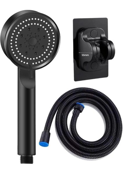5 Fonksiyonlu Yüksek Basınçlı Duş Başlığı Yapışkanlı Mafsal Hortum Duş Seti, Siyah, 150 cm (Black)
