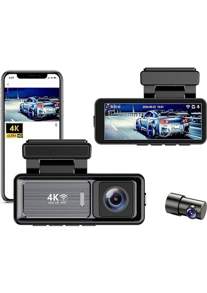 Mını Çift Lensli Wifi Gps Dash Kamera - 4K Ön Kamera &amp; 1080P Arka Kamera, Gece Görüşü, Park Modu, Geniş Açılı Lens, Döngüsel Kayıt, 128GB Sd Kart Desteği (Dahil Değildir) M6