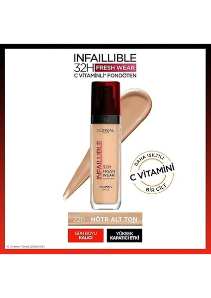 Parıs Infaillible 32H Fresh Wear C Vitaminli Fondöten - 220 Sable Sand 30 ml fiyatları