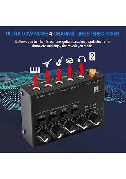 Ultra Düşük Gürültü 4 Kanal Line Stereo Mikser 4 Giriş 1 Çıkış Dc 5V Taşınabilir Mini Ses Mikseri Mikrofon Gitar Bas Klavye Mikserleri Club Bar Sahne Stüdyosu Için fiyatları