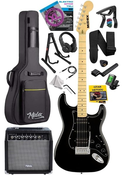 RPH-40BK-35AMP Full Black 35W Bt Amfili Elektro Gitar Seti Hsh Manyetik Maple Klavye