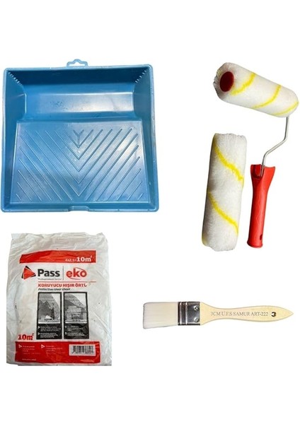 Bırakmayan Büyük Saten Rulo 15 cm ve Yedek Başlığı + Büyük Boyama Kabı + Hışır Örtü + Samur Fırça
