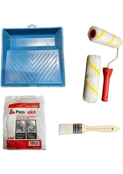 Bırakmayan Büyük Saten Rulo 15 cm ve Yedek Başlığı + Büyük Boyama Kabı + Hışır Örtü + Samur Fırça fiyatları