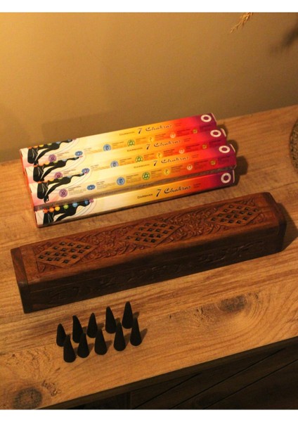 Ağaç Tabut Tütsülük & 10 Adet Palo Santo Konik Tütsü & 7 Çakra Çubuk 6lı Paket 250 Adet Tütsü fırsatları