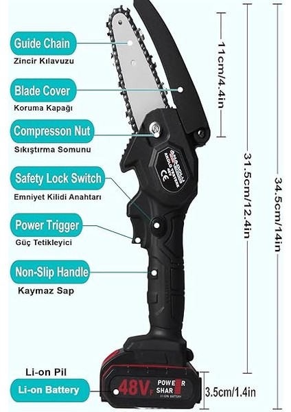 Çift Akülü Çift Zincirli Budama Testeresi Taşıma Çantalı 48VF Şarjlı Testere Eldiven Hediyeli fiyatları