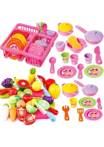 Oyuncak Bulaşıklık Tabak Tencere Set + 22 Parça Kesilebilen Oyuncak Meyve Sebze Set