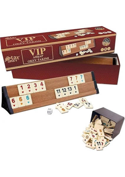 Oyun Aletleri Premium Vıp Okey Ahşap Rummy Set Melamin Taşlı Ahsap Okey Takimi