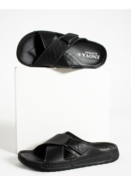 Erkek Siyah Ortopedik Taban Cırtlı Dışarı Içeri Suni Deri Terliği