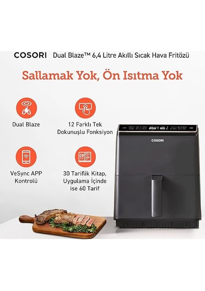 Sıcak Hava Fritözü Ikili Isıtma Sistemi, 6.4 L'lik Kapasite, Ön Isıtma ve Sallama Gerektirmez, Uygulamadan Kontrol Edilebilir, Bulaşık Makinasında Yıkanabilir fiyatları