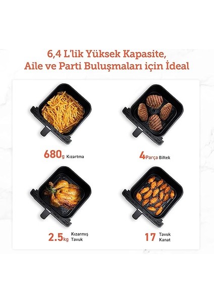 Sıcak Hava Fritözü Ikili Isıtma Sistemi, 6.4 L'lik Kapasite, Ön Isıtma ve Sallama Gerektirmez, Uygulamadan Kontrol Edilebilir, Bulaşık Makinasında Yıkanabilir indirimleri