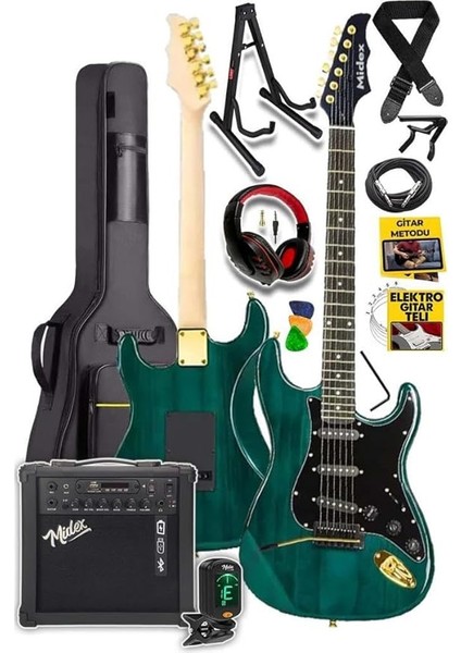 GLC-40GR-AMP Elektro Gitar Seti 25 Watt Şarjlı Bt Amfi Kulaklık ve Full Set