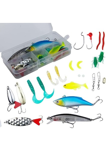 24 Parça Sahte Olta Yem ve Aksesuar Seti Silikon Rapala Jig Kaşık